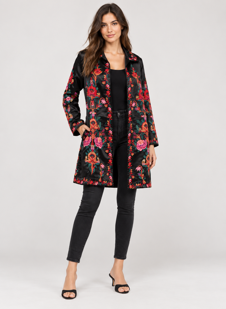 Johnny Was Black Floral Embroidered Longline Jacket FINAL SALE ITEM