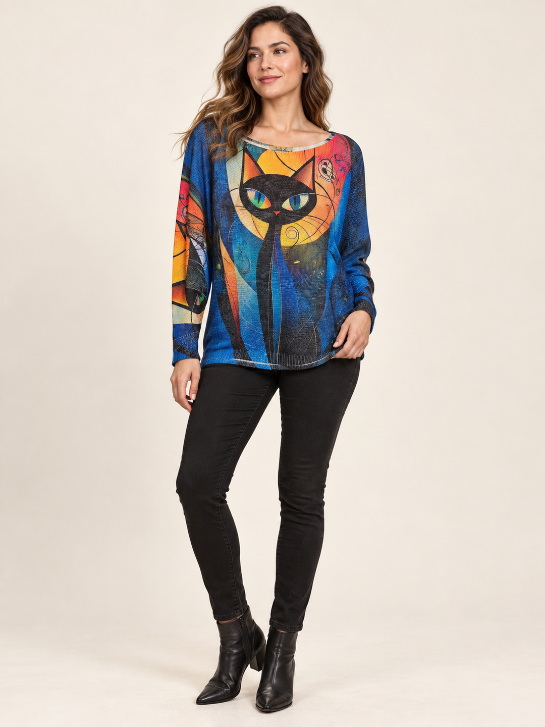 Boutique Karma - Midnight Muse Cat Art Knit Top