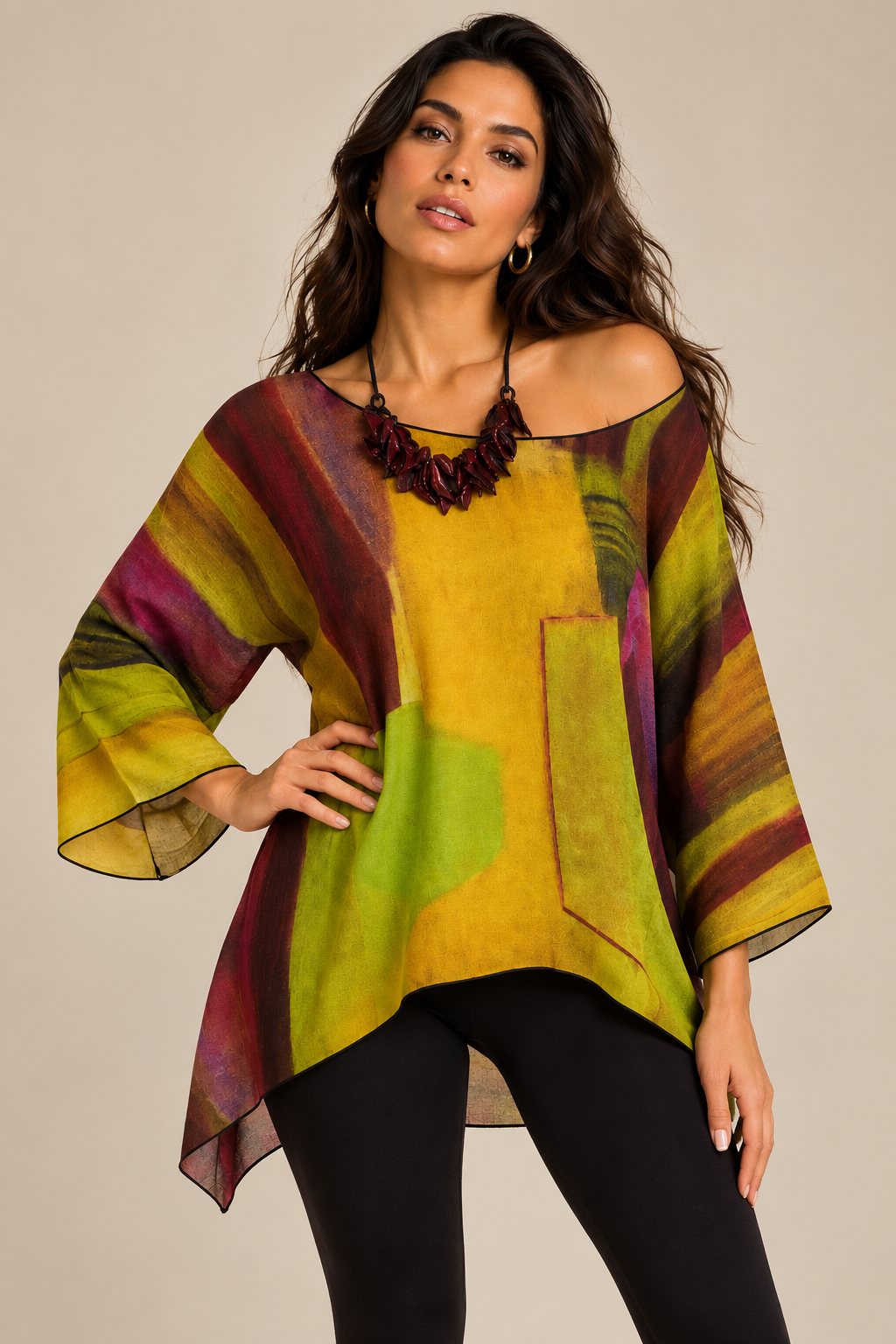 Lior Clothing - LIOR Women's Burgundy Multi Color Print Sheer One Size Blouse