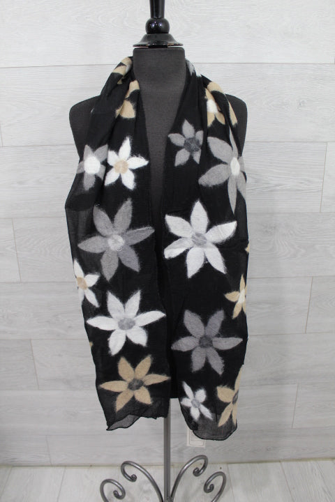 Black Multi Color Flower Wool Scarf
