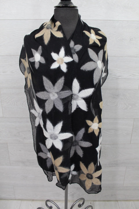 Black Multi Color Flower Wool Scarf