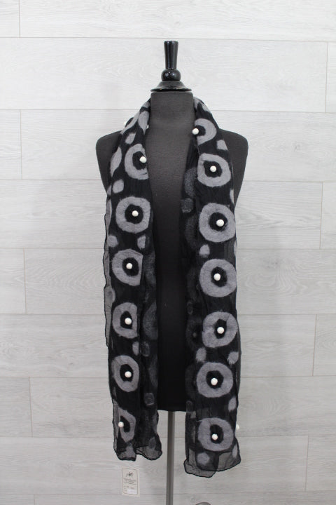 Grey Polkadot Wool Scarf with Pompoms