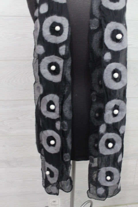 Grey Polkadot Wool Scarf with Pompoms