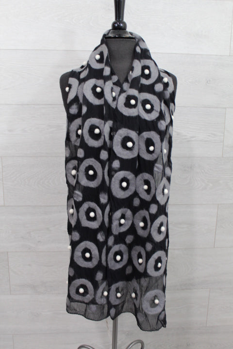 Grey Polkadot Wool Scarf with Pompoms