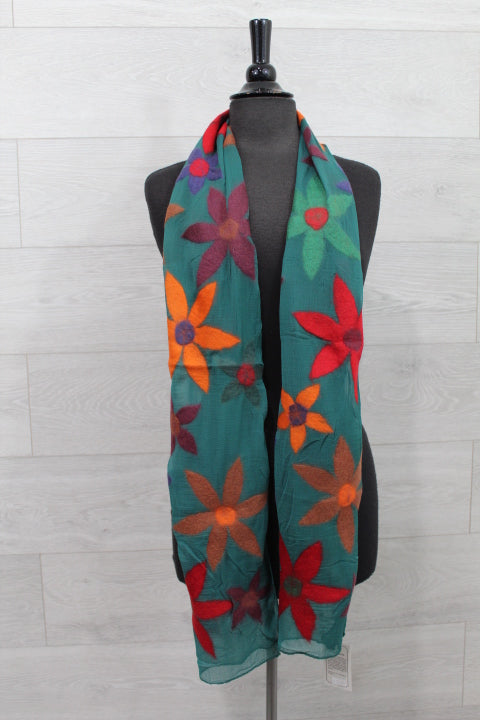 Green Multi Color Flower Wool Scarf