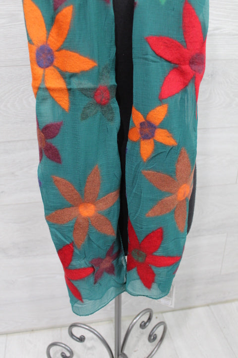 Green Multi Color Flower Wool Scarf