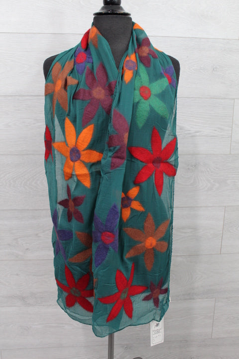 Green Multi Color Flower Wool Scarf