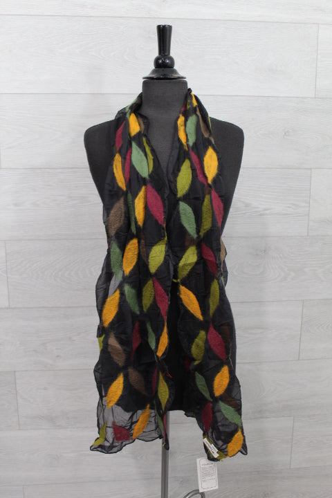 Black Multi Color Leaf Wool Scarf