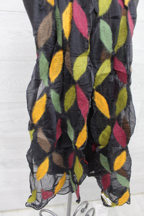 Black Multi Color Leaf Wool Scarf