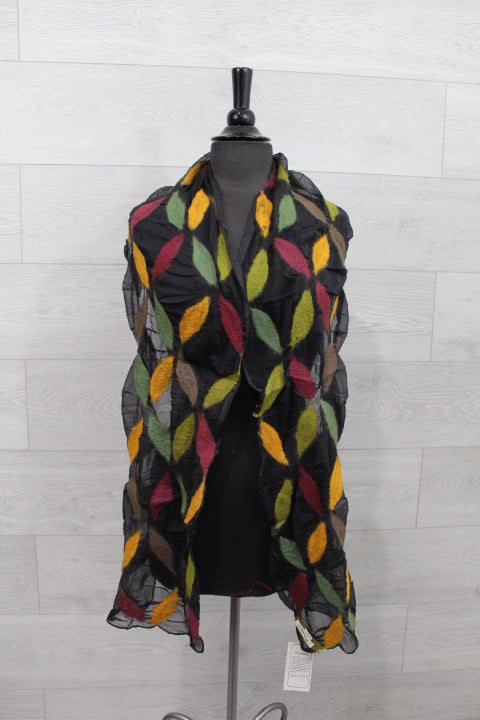 Black Multi Color Leaf Wool Scarf