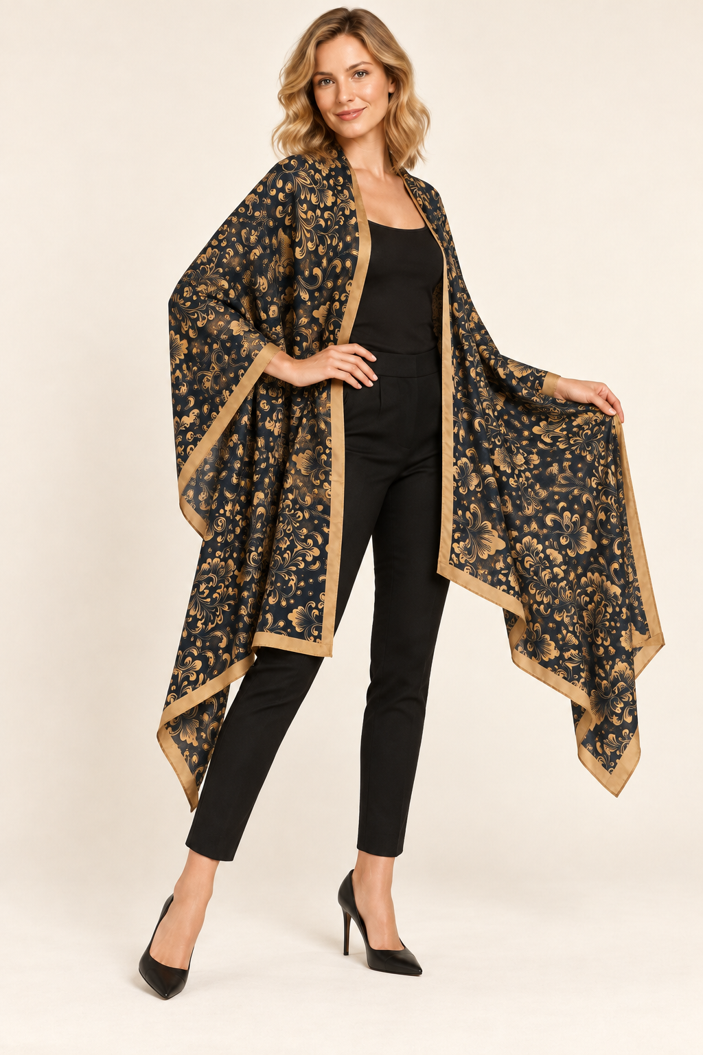 Golden Paisley Silk-Feel Scarf & Pashmina Wrap