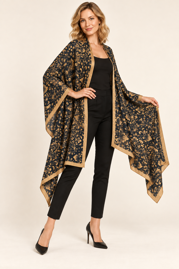 Golden Paisley Silk-Feel Scarf & Pashmina Wrap