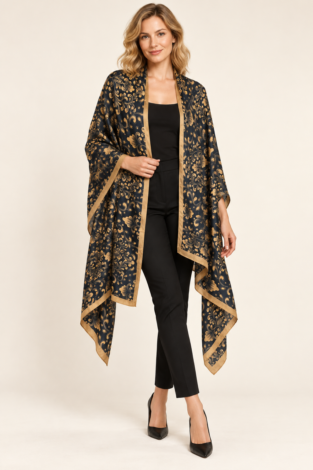 Golden Paisley Silk-Feel Scarf & Pashmina Wrap