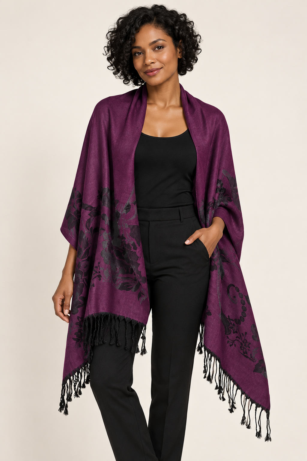 Midnight Plum Reversible Floral Pashmina