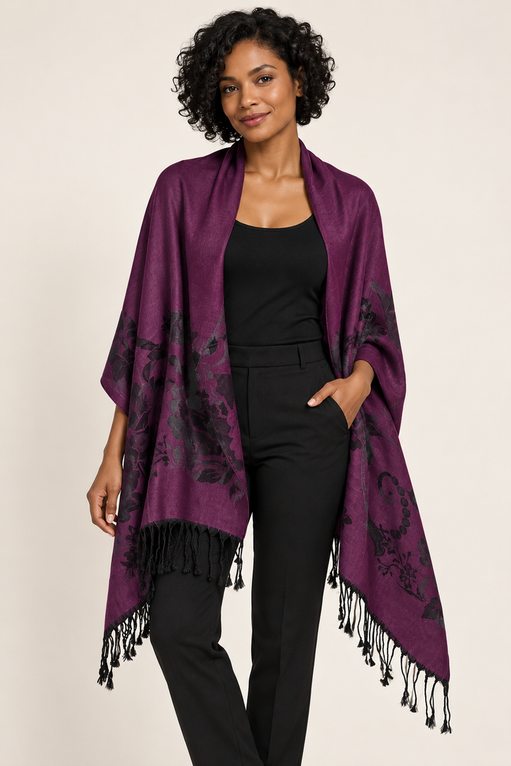 Midnight Plum Reversible Floral Pashmina