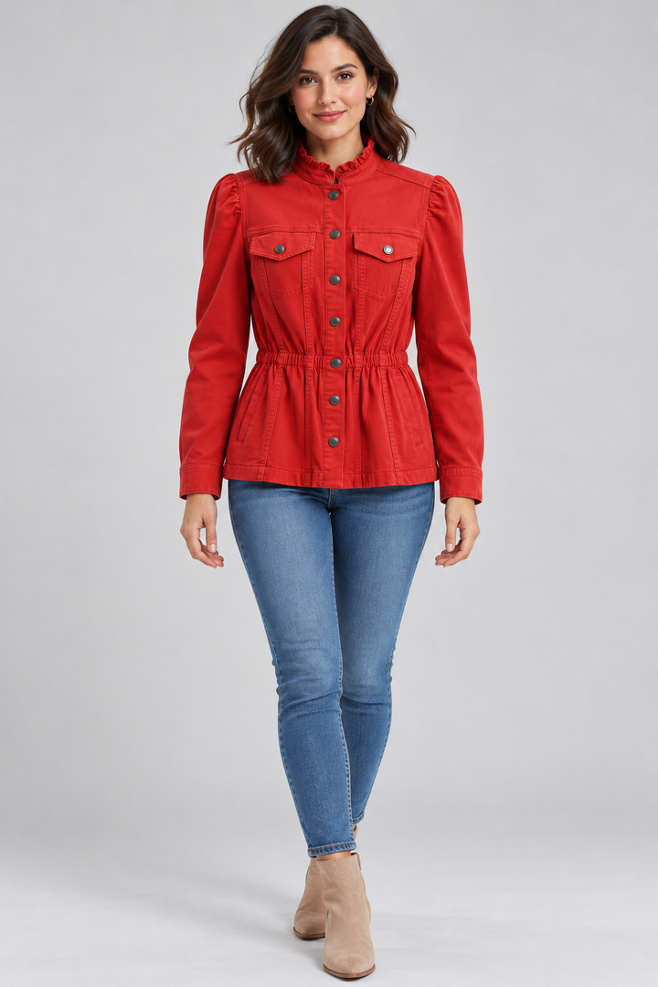 Liverpool Jeans - Puff Sleeve Trucker Jacket W/ Ruffle Collar