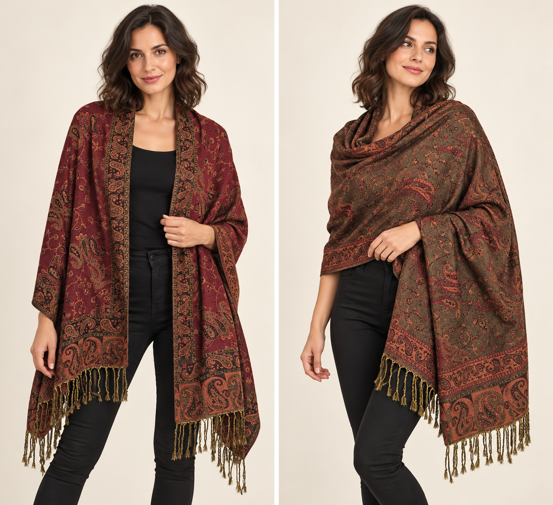 Burgundy & Olive Reversible Paisley Pashmina