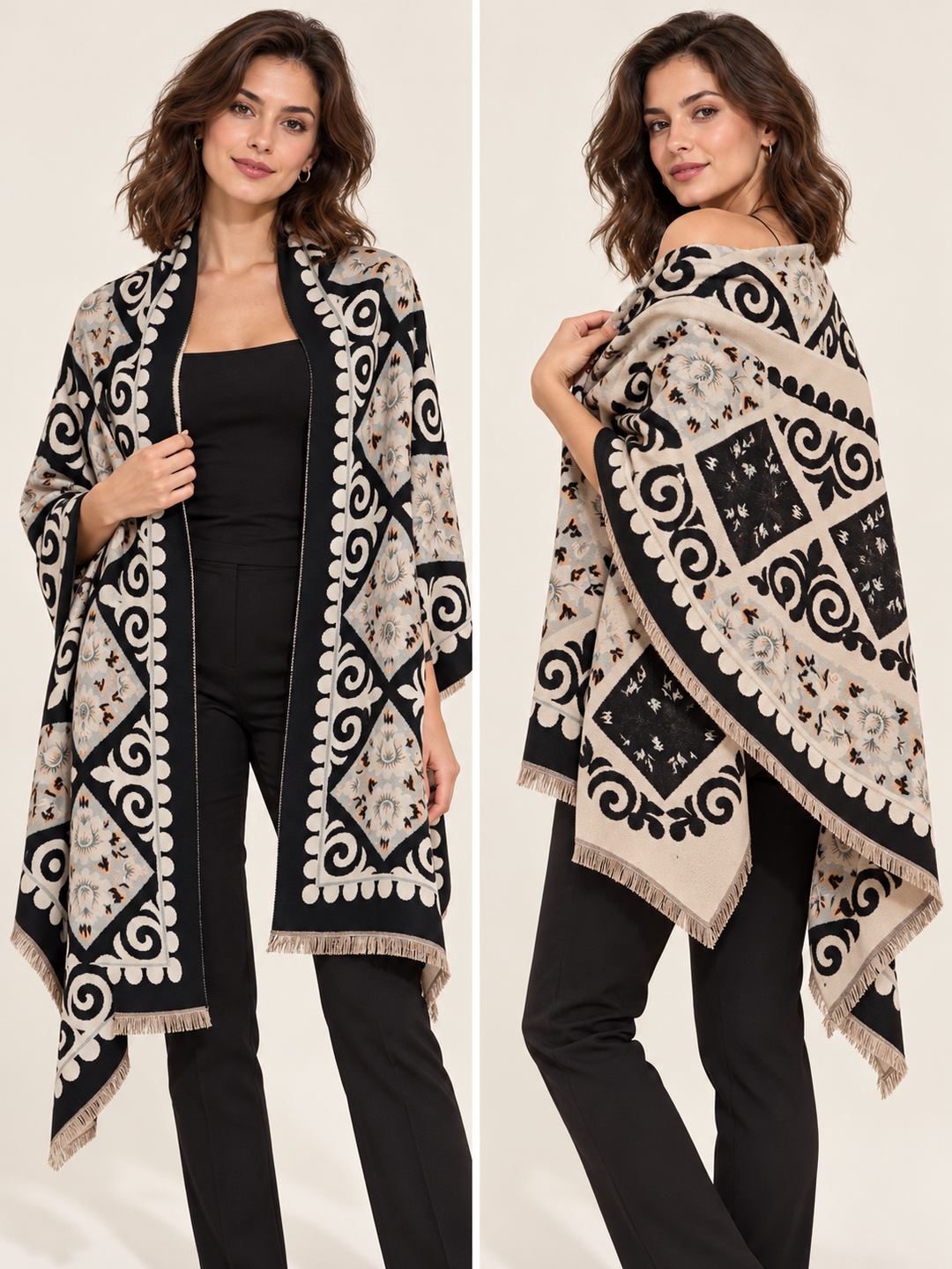 Pashmina - Reversible Floral & Scroll Cashmere-Feel Pashmina