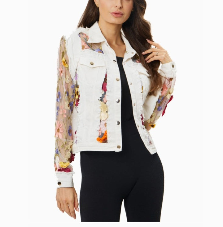 Adore Apparel - White Denim Jacket with Floral Embroidery