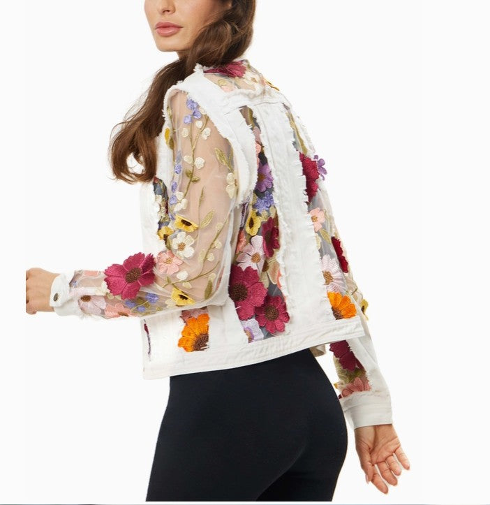 Adore Apparel - White Denim Jacket with Floral Embroidery
