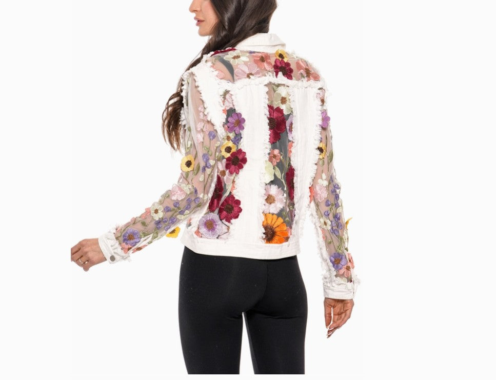 Adore Apparel - White Denim Jacket with Floral Embroidery