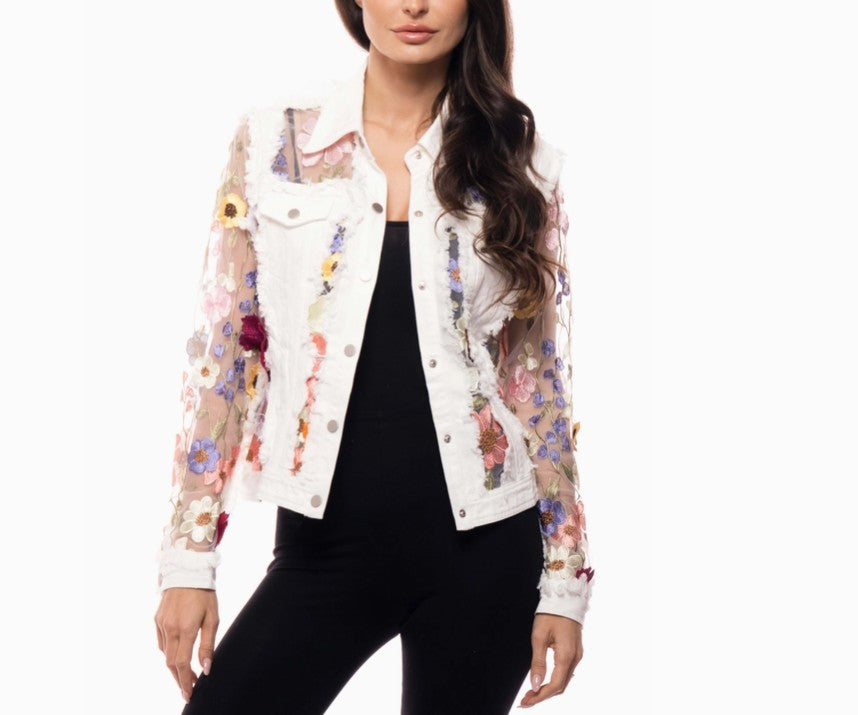 Adore Apparel - White Denim Jacket with Floral Embroidery