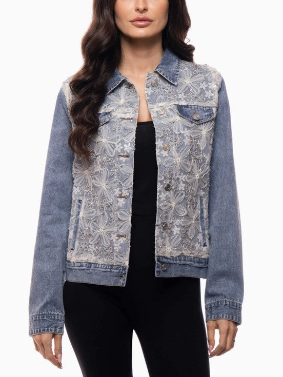 Adore Apparel - Denim Jacket with Floral Lace Appliqué