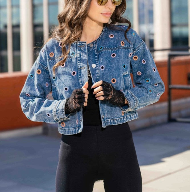 Adore Apparel - Multicolor Grommet Cropped Denim Jacket