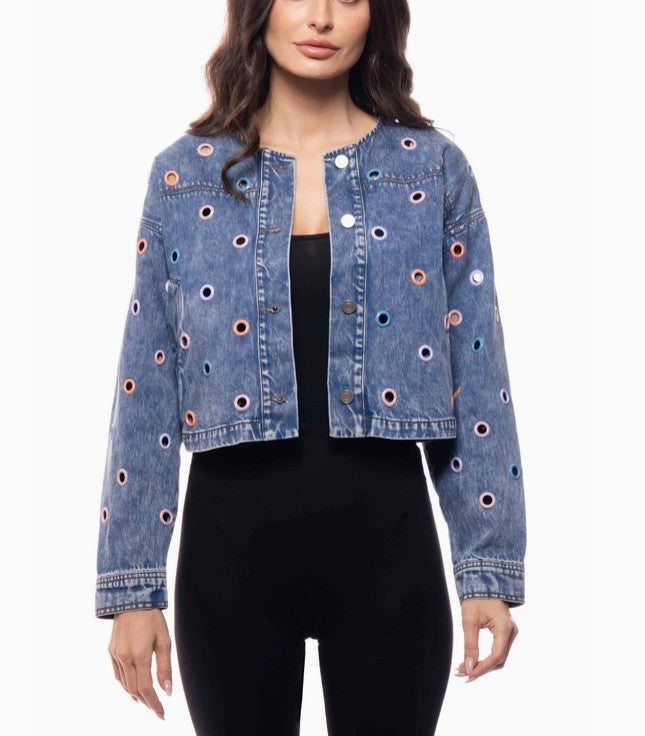 Adore Apparel - Multicolor Grommet Cropped Denim Jacket