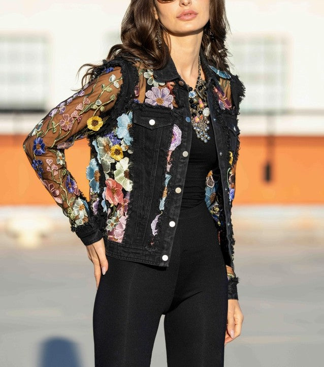 Adore Apparel - Floral Embroidered Mesh Sleeve Denim Jacket