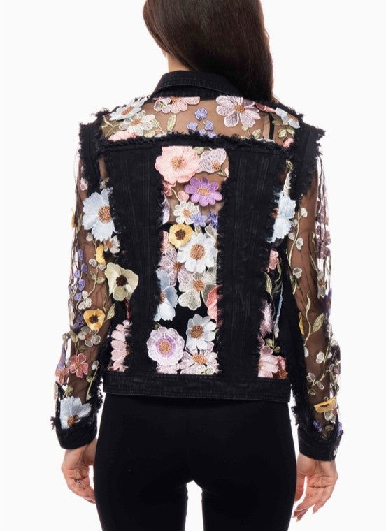 Adore Apparel - Floral Embroidered Mesh Sleeve Denim Jacket