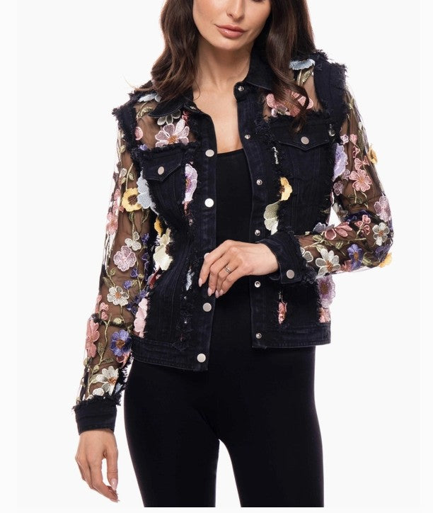 Adore Apparel - Floral Embroidered Mesh Sleeve Denim Jacket