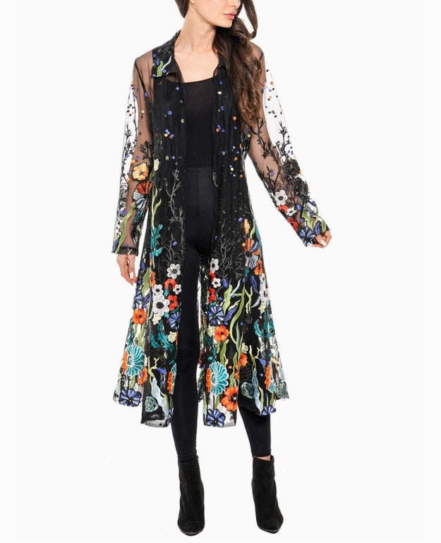 Adore Apparel - Long Black Embroidered Sheer Duster
