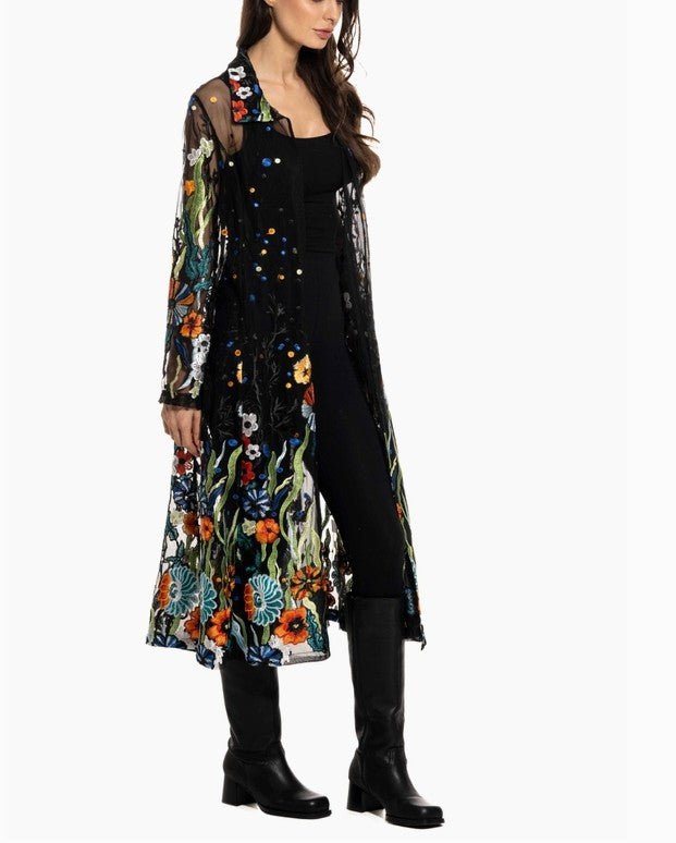 Adore Apparel - Long Black Embroidered Sheer Duster