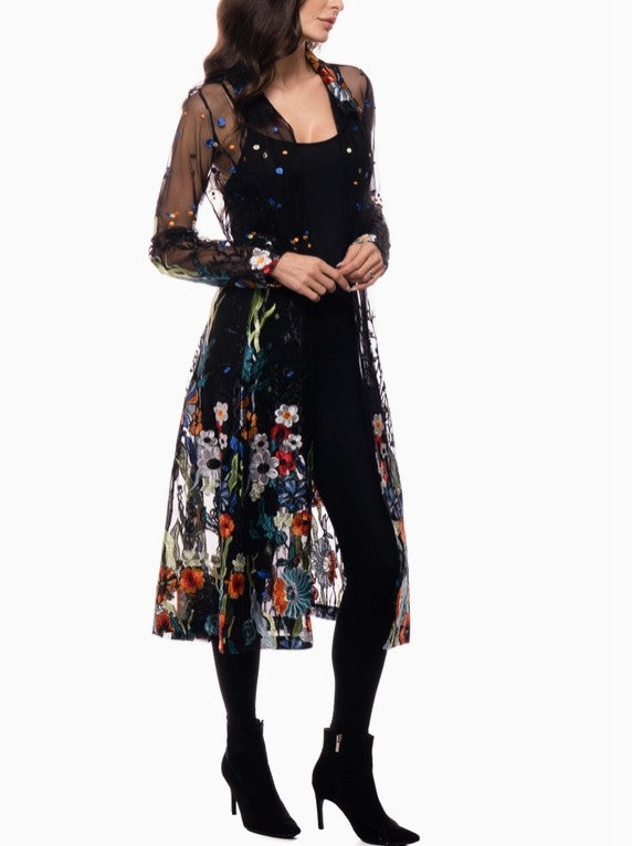 Adore Apparel - Long Black Embroidered Sheer Duster