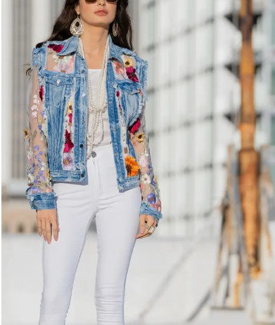 Adore Apparel - White Denim Jacket with Floral Embroidery