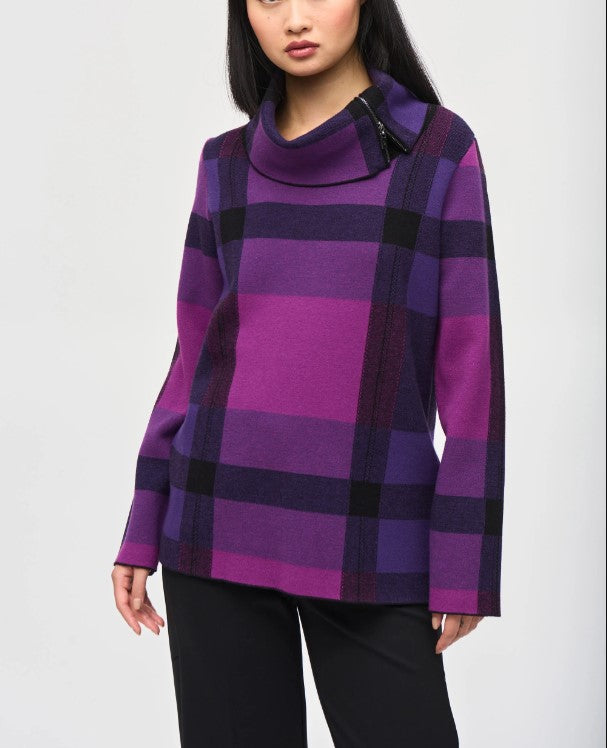 Joseph Ribkoff Sweater - Plaid Jacquard Cowl Neck Sweater