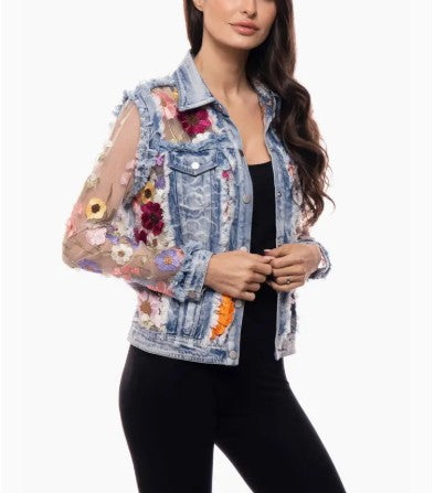 Adore Apparel - White Denim Jacket with Floral Embroidery