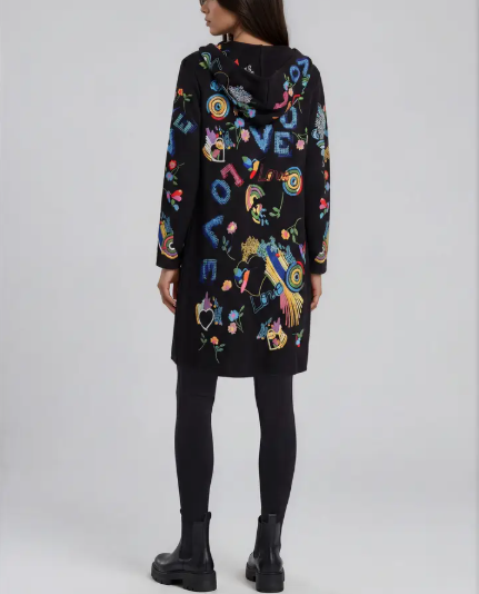 Adore Embroidered Love Hooded Jacket in Black Multi