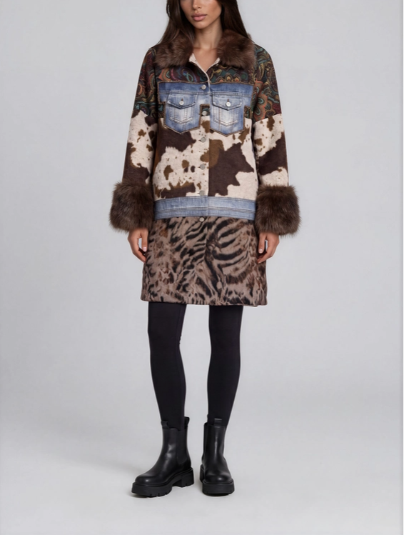 Adore Mixed Media Faux Fur Statement Coat in Brown Combo