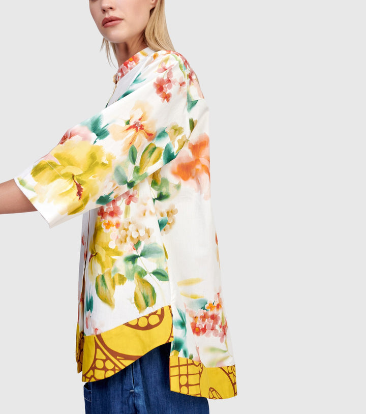 Alembika Clothing - Oleander Collarless Shirt, Garden FINAL SALE ITEM