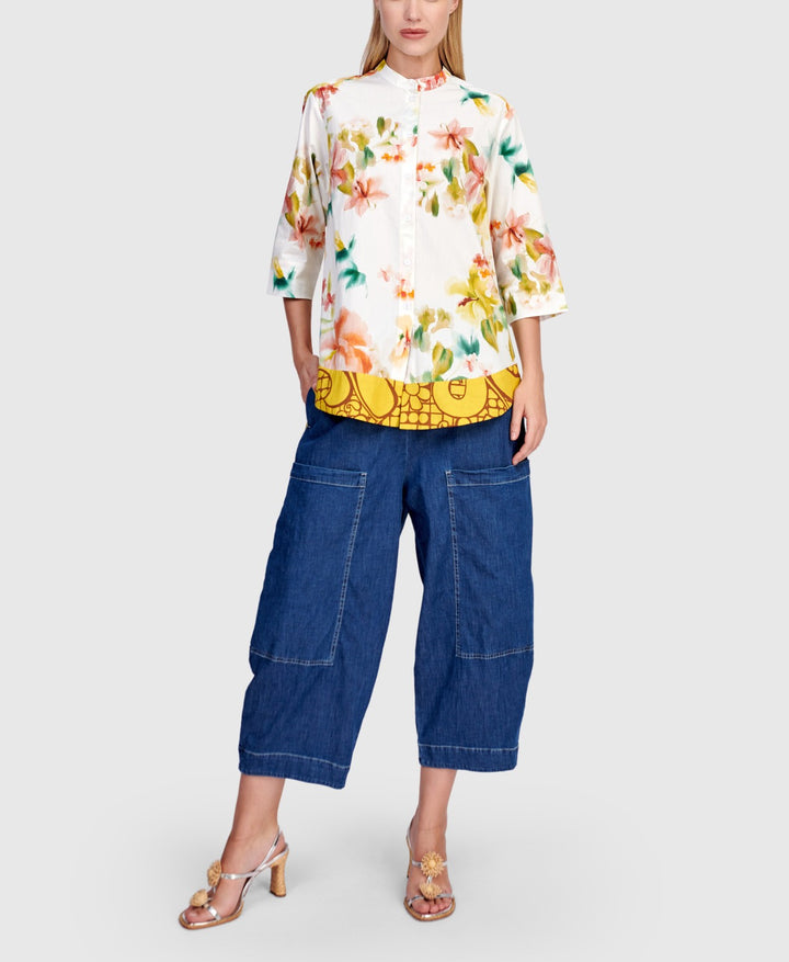 Alembika Clothing - Oleander Collarless Shirt, Garden FINAL SALE ITEM