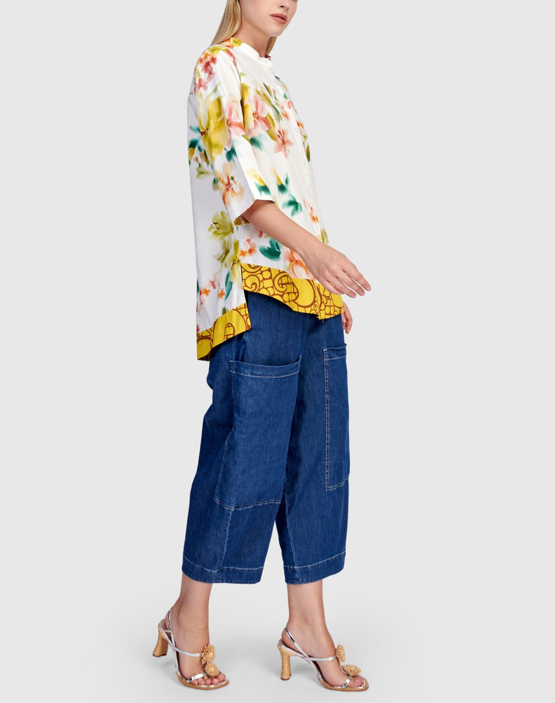 Alembika Clothing - Oleander Collarless Shirt, Garden FINAL SALE ITEM