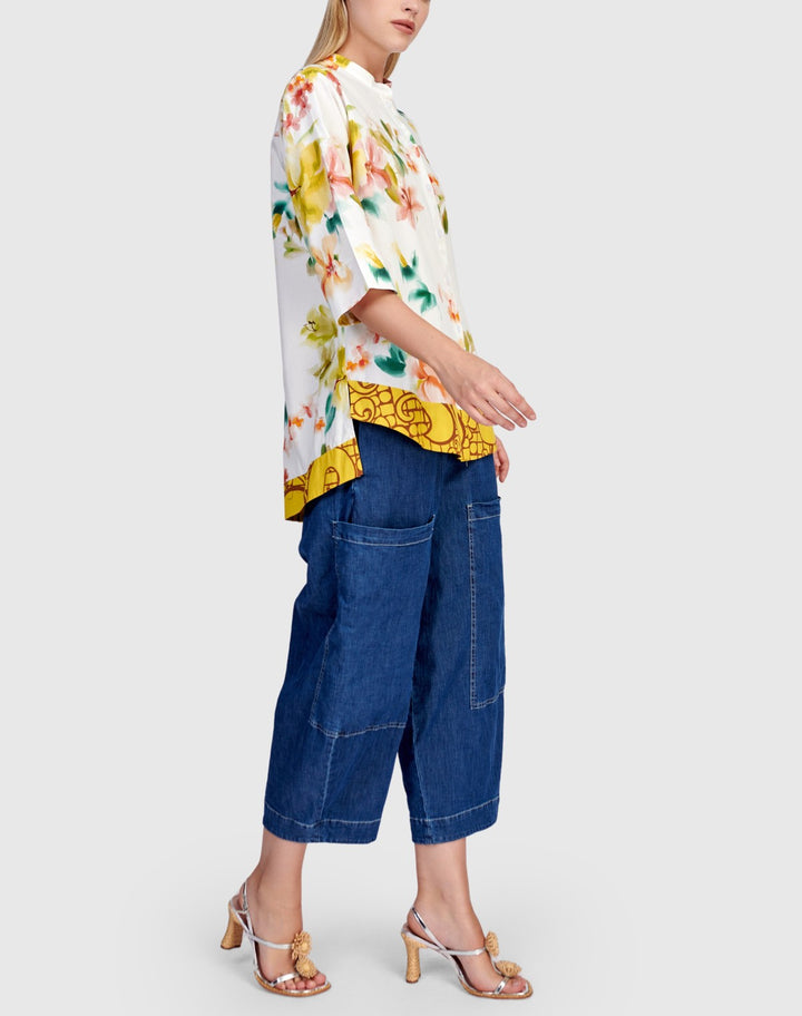 Alembika Clothing - Oleander Collarless Shirt, Garden FINAL SALE ITEM