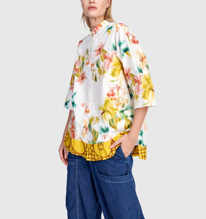 Alembika Clothing - Oleander Collarless Shirt, Garden FINAL SALE ITEM