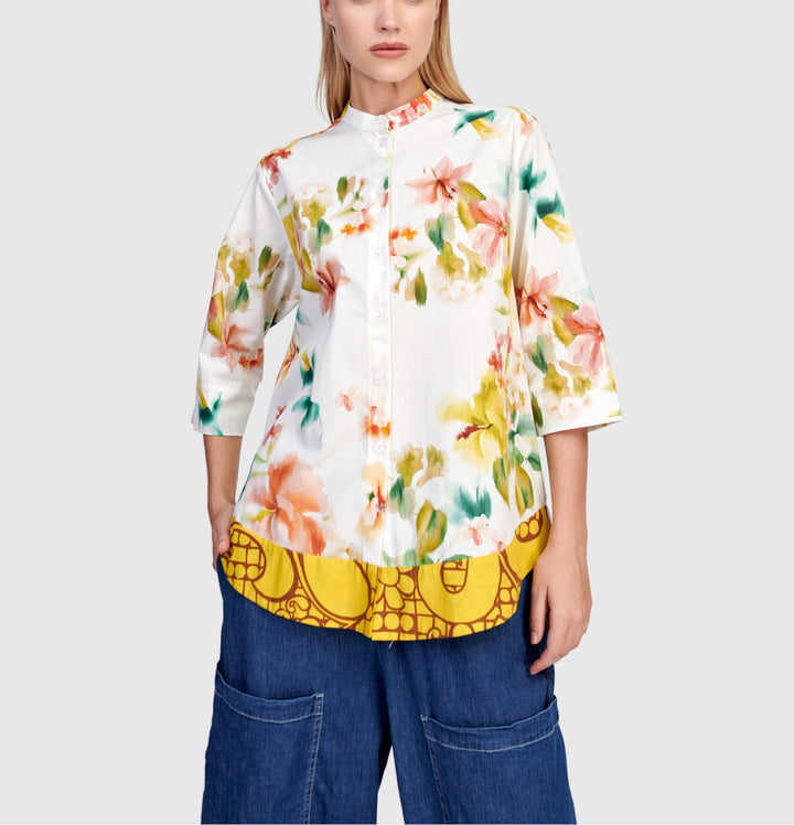 Alembika Clothing - Oleander Collarless Shirt, Garden FINAL SALE ITEM