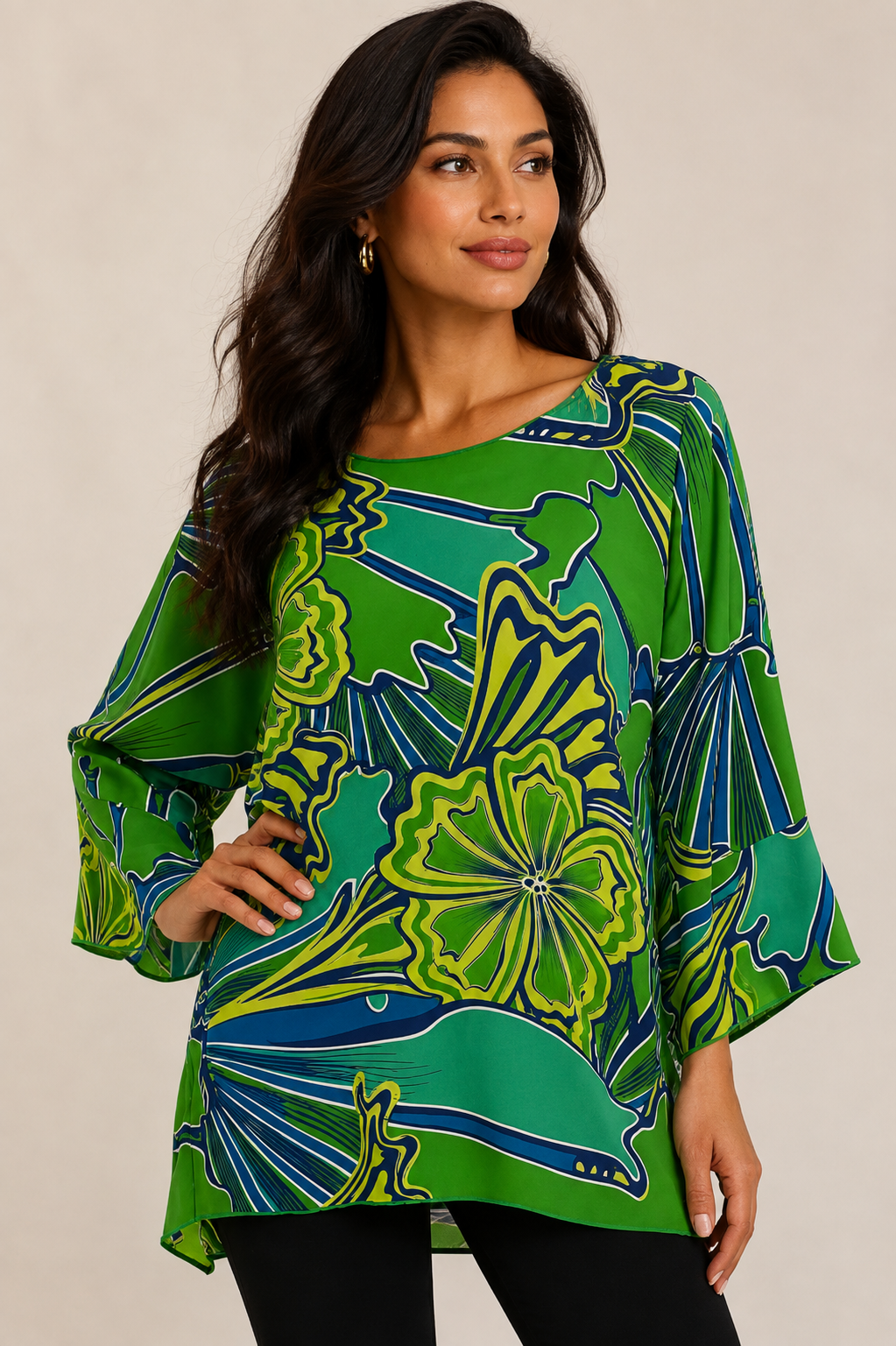 Lior Clothing - Lior Women's One Size Fits All Lime Floral Print Tunic Top