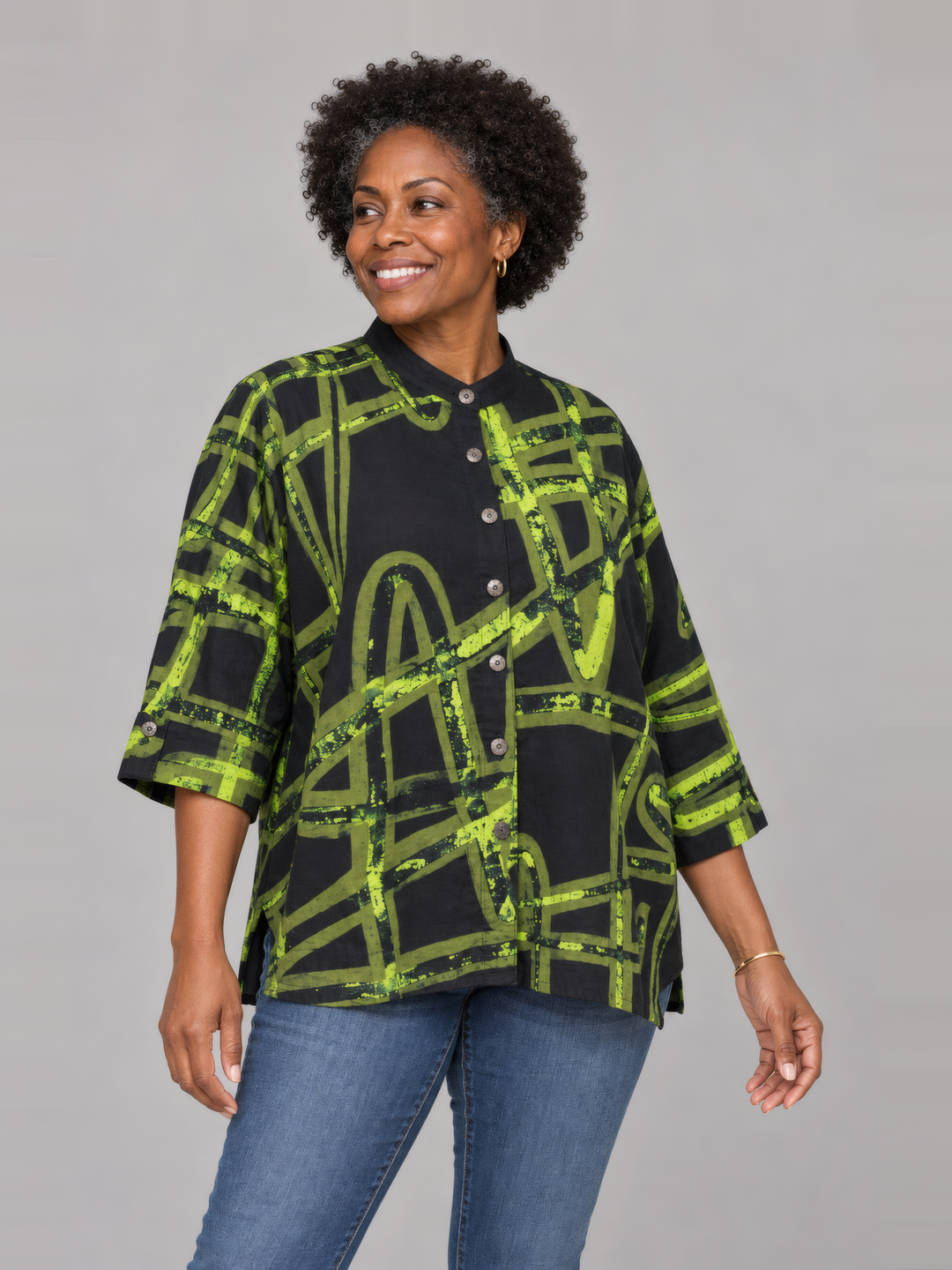 Adverb After Shirt in Chartreuse, front view on model