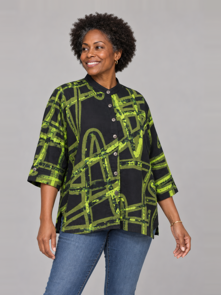 Adverb After Shirt in Chartreuse, front view on model