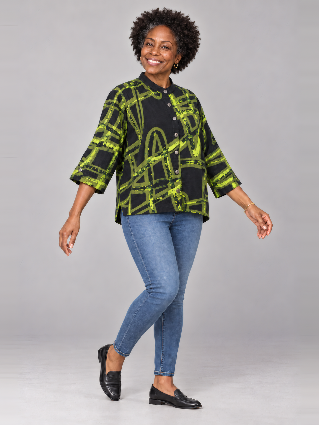 Adverb After Shirt in Chartreuse, full length view on model